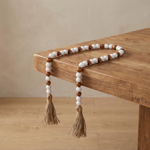 Wood Bead Garland - 39 Inch Farmhouse Boho Wall Decor with Jute Tassels