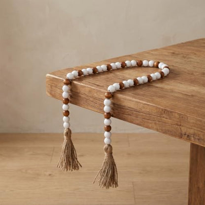 Wood Bead Garland - 39 Inch Farmhouse Boho Wall Decor with Jute Tassels