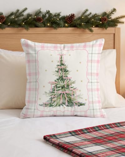 Pink Ribbon Christmas Tree Pillow Cover 18x18 - Holiday Decor with Plaid Border