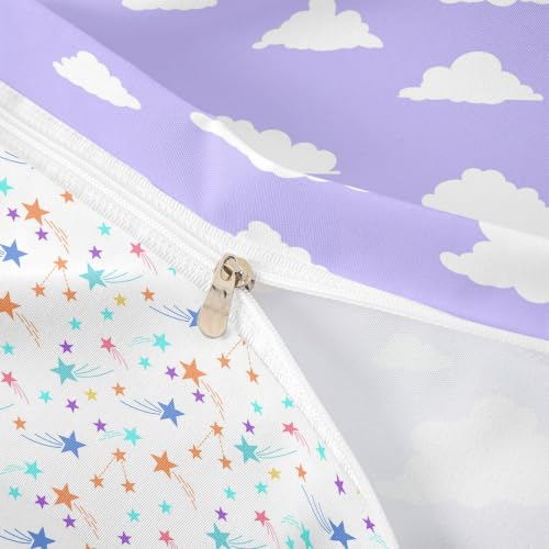Full Size Cloud Duvet Cover Set with Pillowcases - Purple & White Cartoon Clouds, Kids Bed Bedding, No Comforter, Variation: White & Purple