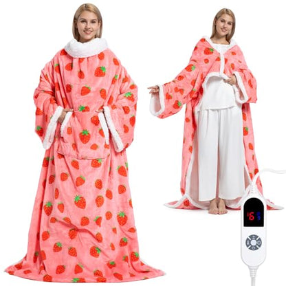 Red Wearable Heated Blanket with Sleeves & Foot Pocket - Electric Throw for Women