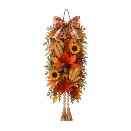 Rustic Wooden Fall Door Swag with Sunflowers, Maple Leaves & Acorns