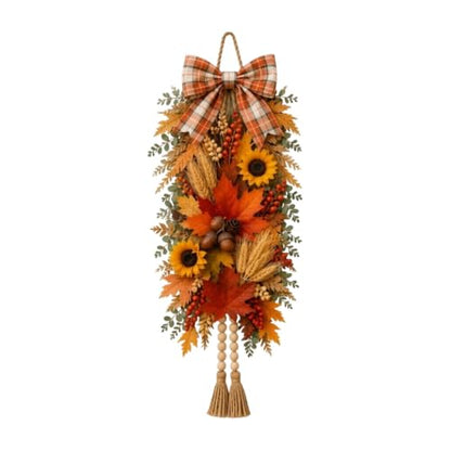 Rustic Wooden Fall Door Swag with Sunflowers, Maple Leaves & Acorns