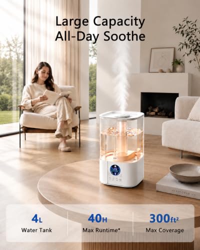 4L Cool Mist Humidifier for Large Rooms - Top Fill, Sleep Mode, Oil Diffuser, Quiet 28dB, LED Display