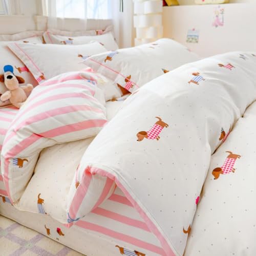 Queen Comforter Set Pink Dachshund Striped Bedding for Girls - Reversible US
