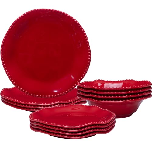 Red Christmas Melamine Dinnerware Set for 4 - 12 Pieces, Unbreakable & Elegant