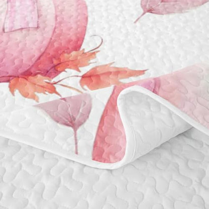 Pink Pumpkin Quilt Set - Full Romantic Plaid Bed Cover with Bow Knot - Pink Yellow White