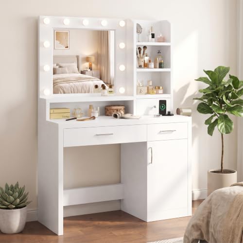 DUMOS Makeup Vanity Desk with Mirror and Lights - 15.6 x 38.1 x 53.9 in, 11 LEDs, 4 Shelves