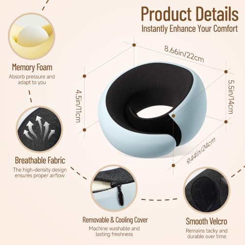 G-Shape Travel Neck Pillow Blue Memory Foam Support for Airplanes