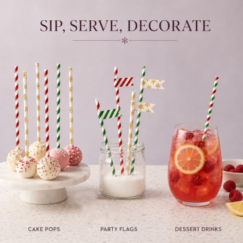 Christmas Paper Straws Set - Red, Green & Snowflake Pattern Mix, 100 Pack