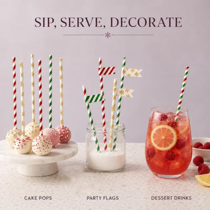 Christmas Paper Straws Set - Red, Green & Snowflake Pattern Mix, 100 Pack