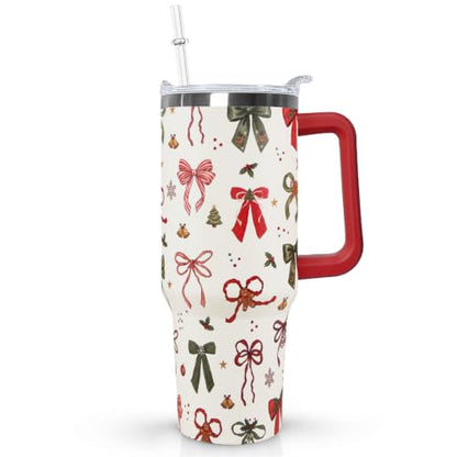 Christmas Bow 40oz Insulated Travel Tumbler with Handle - Festive Stainless Steel Mug
