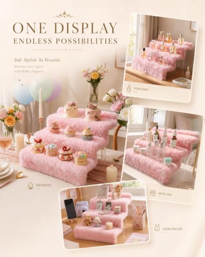 Blush Pink 12IN Plush Perfume Display Stand with 3 Tiers and Faux Fur Texture