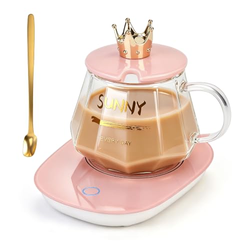 Pink Heated Mug Set with Glass Mug, Auto On/Off Coffee Warmer & Gift Box