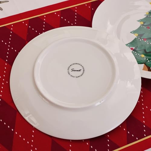 Christmas Plates Set of 6 - 8 Inch Bone China Holiday Tree Dessert Plates - Microwave & Dishwasher Safe - Gift for Family