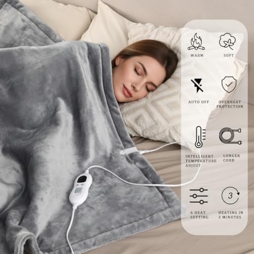 Gray Electric Heated Blanket 60x84 Inches Flannel Throw with 6 Heat Settings