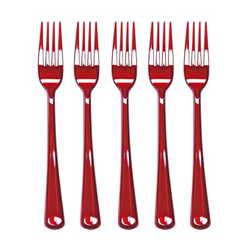 Blue Orchards Clear Red Forks (24 Pack) - Heavy Duty Ruby Red Disposable Flatware