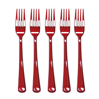 Blue Orchards Clear Red Forks (24 Pack) - Heavy Duty Ruby Red Disposable Flatware
