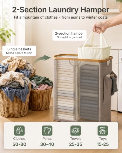 Camel 2-Section Laundry Hamper with Lid - 140L Puffer Style