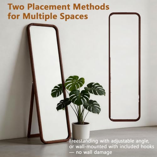 Walnut Wood Floor Mirror - Full-Length 63 x 18 in with Stand & Wall Mount