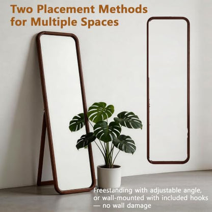 Walnut Wood Floor Mirror - Full-Length 63 x 18 in with Stand & Wall Mount