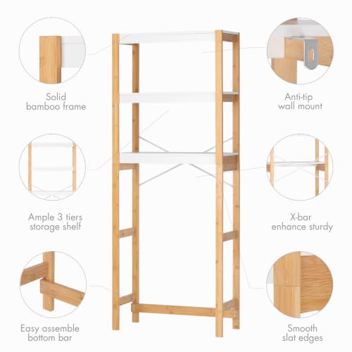 Over Toilet Storage Shelf with Bamboo Frame - 3 Tiers White Bathroom Organizer