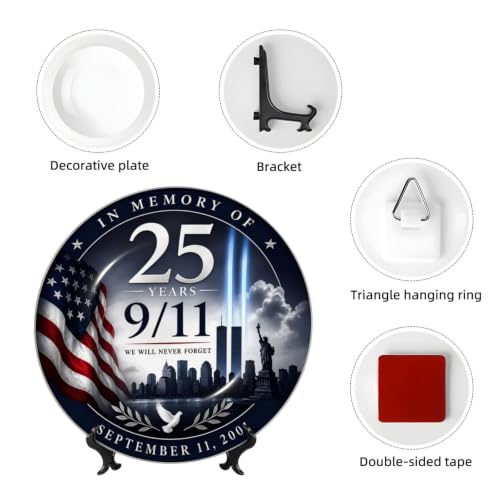 9/11 Never Forget Ceramic Plate 25th Anniversary Wall Decor 10in White
