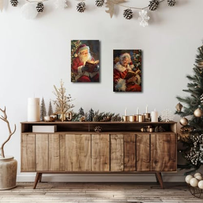 Christmas Wall Art Santa and Mrs Claus Canvas Prints 16x24 Inches - Framed Holiday Decor Set of 2