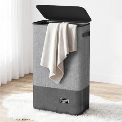 Slim Laundry Hamper with Lid - 75L Black & Gray Space Saver