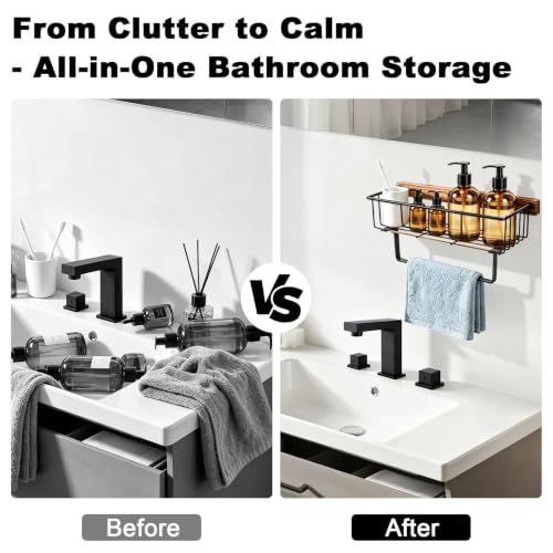 Rustic Wall-Mounted Hand Towel Holder with Wooden Storage Basket for Bathroom
