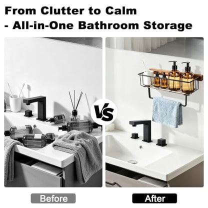 Rustic Wall-Mounted Hand Towel Holder with Wooden Storage Basket for Bathroom