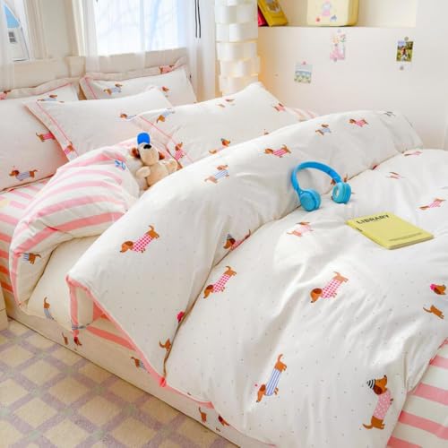 Queen Comforter Set Pink Dachshund Striped Bedding for Girls - Reversible US