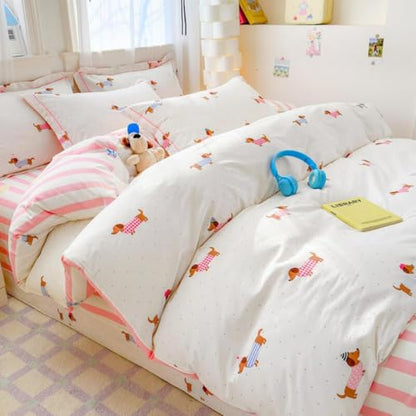 Queen Comforter Set Pink Dachshund Striped Bedding for Girls - Reversible US