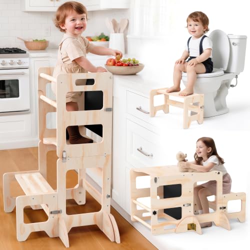 Natural Toddler Kitchen Step Stool 4-in-1 Foldable Learning Tower with Blackboard