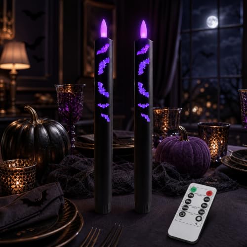 Halloween Flameless Taper Candles with Remote & Timer - Black, 9.8 Inch - Set of 2