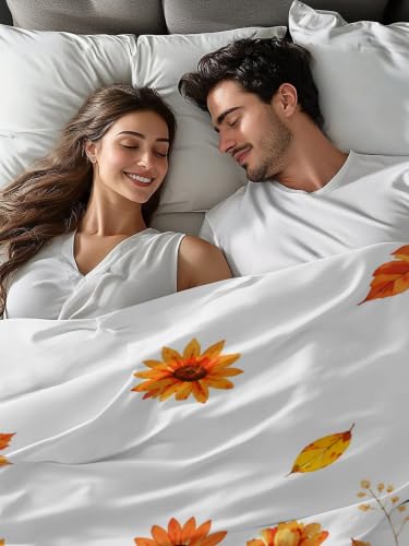 Cal King Size Flat Sheet with Pumpkin Sunflower Maple Leaf Design Orange - Microfiber Breathable Bedding