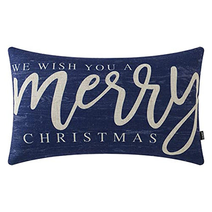 Farmhouse Christmas Pillow Cover 12x20 Inch Blue Wood Grain Winter Decor