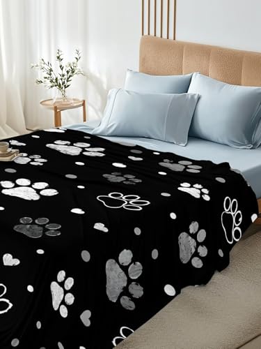 Twin Flat Sheet with Paw Print Print - Black Microfiber Bedding for All Seasons - LooPoP