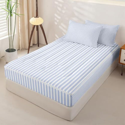 Queen Blue White Stripe Comforter Set with Zippered Bed-In-A-Bag