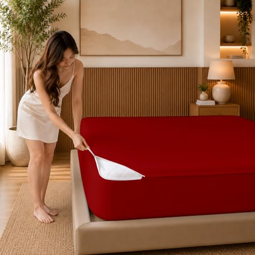 VyAura HOME Burgundy Queen Zip Fitted Sheet - 600TC Cotton Deep Pocket