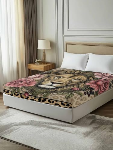 Queen Size Flat Sheet with Lion Print Microfiber Bed Sheets - Rose, Camel, Emerald, Peony / Queen