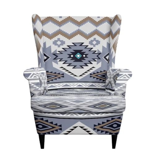 2 Pieces Wingback Chair Slipcover Light Gray Blue Aztec Pattern - Reversible & Stretchable