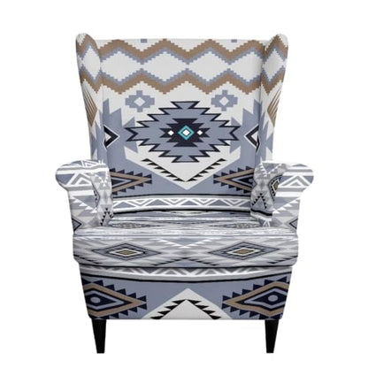 2 Pieces Wingback Chair Slipcover Light Gray Blue Aztec Pattern - Reversible & Stretchable