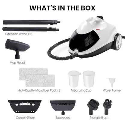 White 1.5L Multi-Surface Steam Cleaner with 8 Accessories - Fast Heating, Heavy Duty