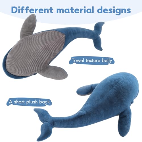43-Inch Giant Blue Whale Plush Pillow - Soft Stuffed Animal Toy for Kids & Decor