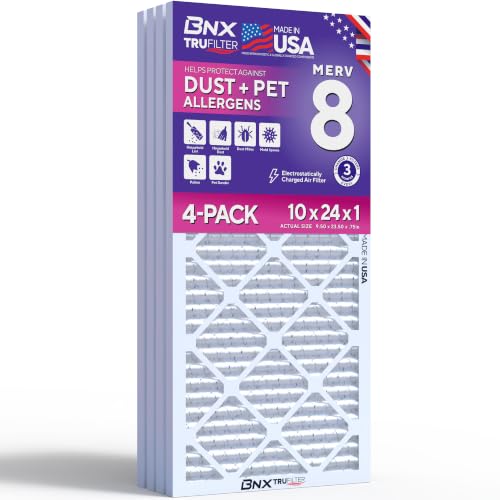 BNX TruFilter 10x24x1 Air Filter Pack - MERV 8 Electrostatic HVAC Dust Pet Mold
