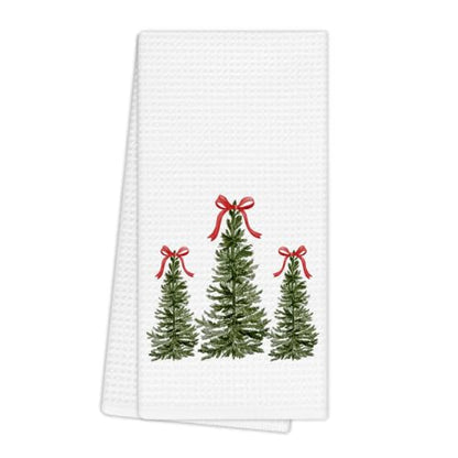 EGBTL Coquette Bow Christmas Tree Kitchen Towels - Three Tree Variation, Red Ribbon Xmas Hand Towels, 16x24 Inches