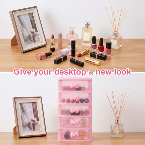 Pink 5-Tier Makeup Organizer with Bow Handle - Desktop Storage Box