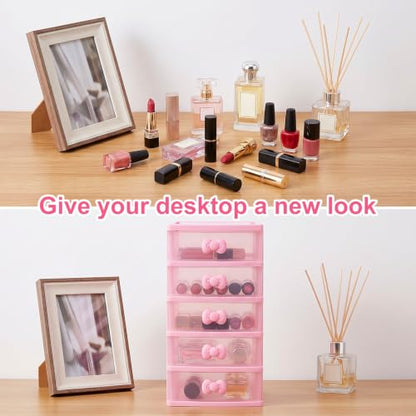 Pink 5-Tier Makeup Organizer with Bow Handle - Desktop Storage Box