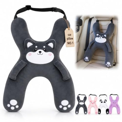 Kids Car Neck Support Pillow with Plush Comfort and Gray Cover - Travel Cushion for Kids